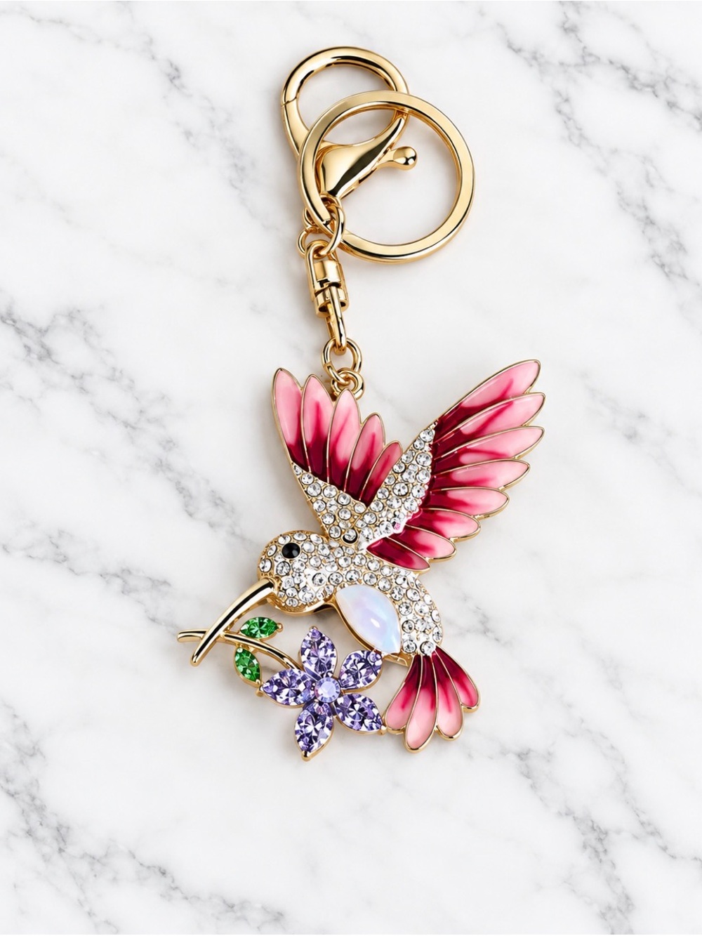 Pink Enamel Winged Hummingbird Bag Charm/Keyring-Gold Tone Hardware